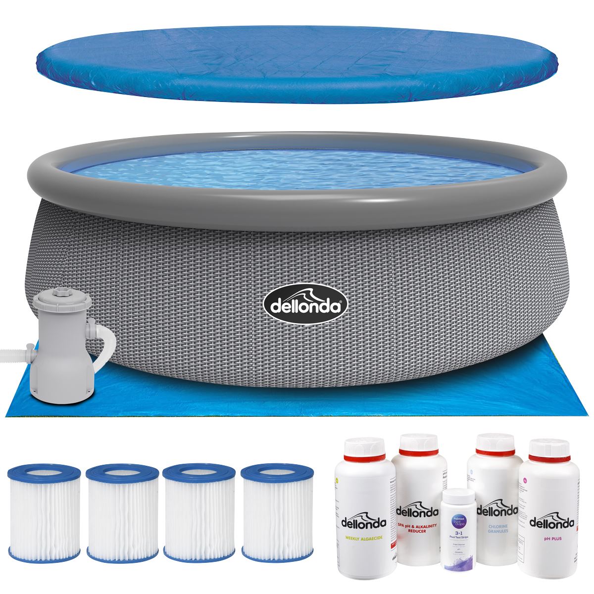 Sealey Dellonda Paddling/Swimming Pool & Pump with Cover, Ground Sheet, Test Strips, Starter Kit and Filters 15ft - Gray Rattan Effect DL136