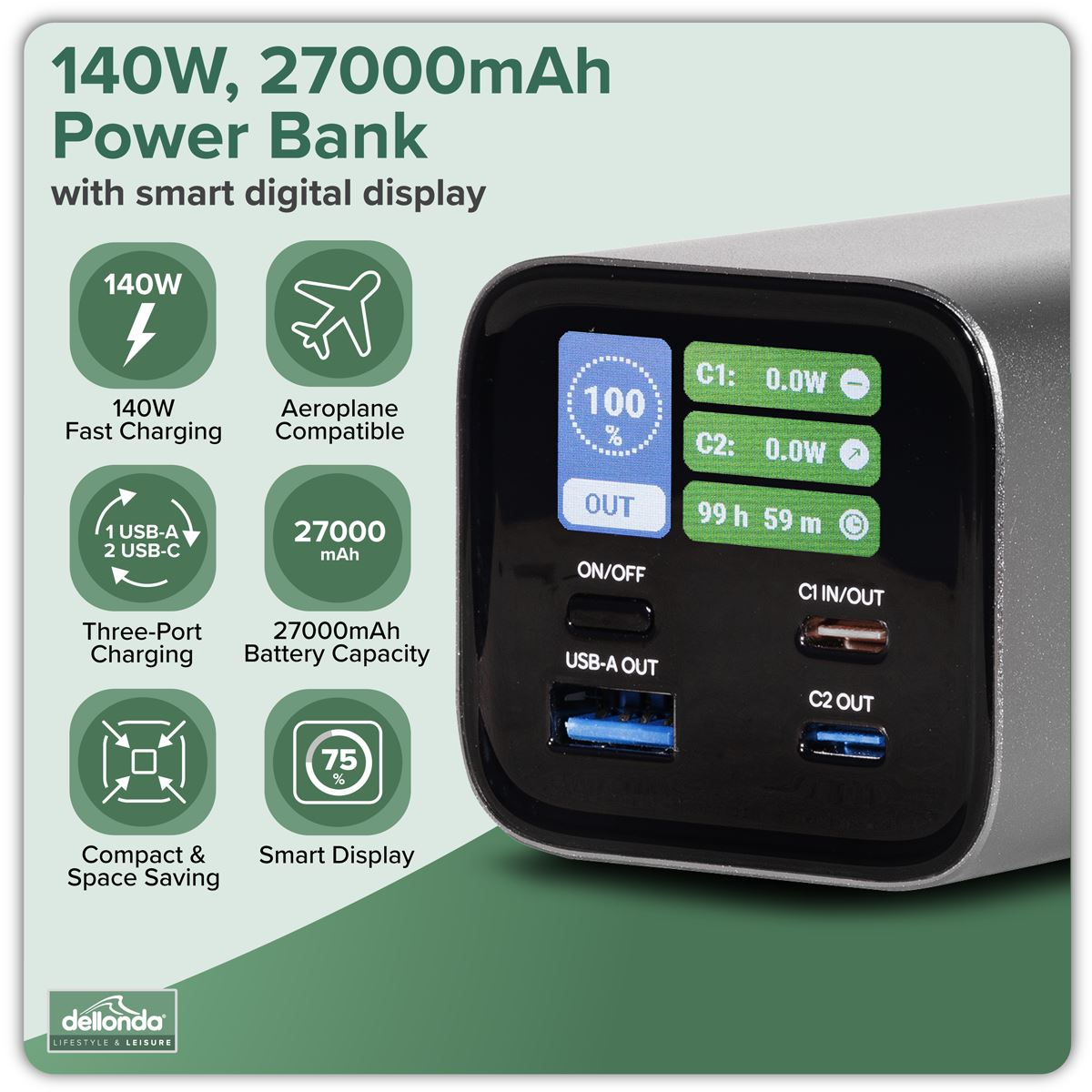 Sealey Dellonda Portable Power Bank 140W 27000mAh USB-C PD3.1 USB-A DL168