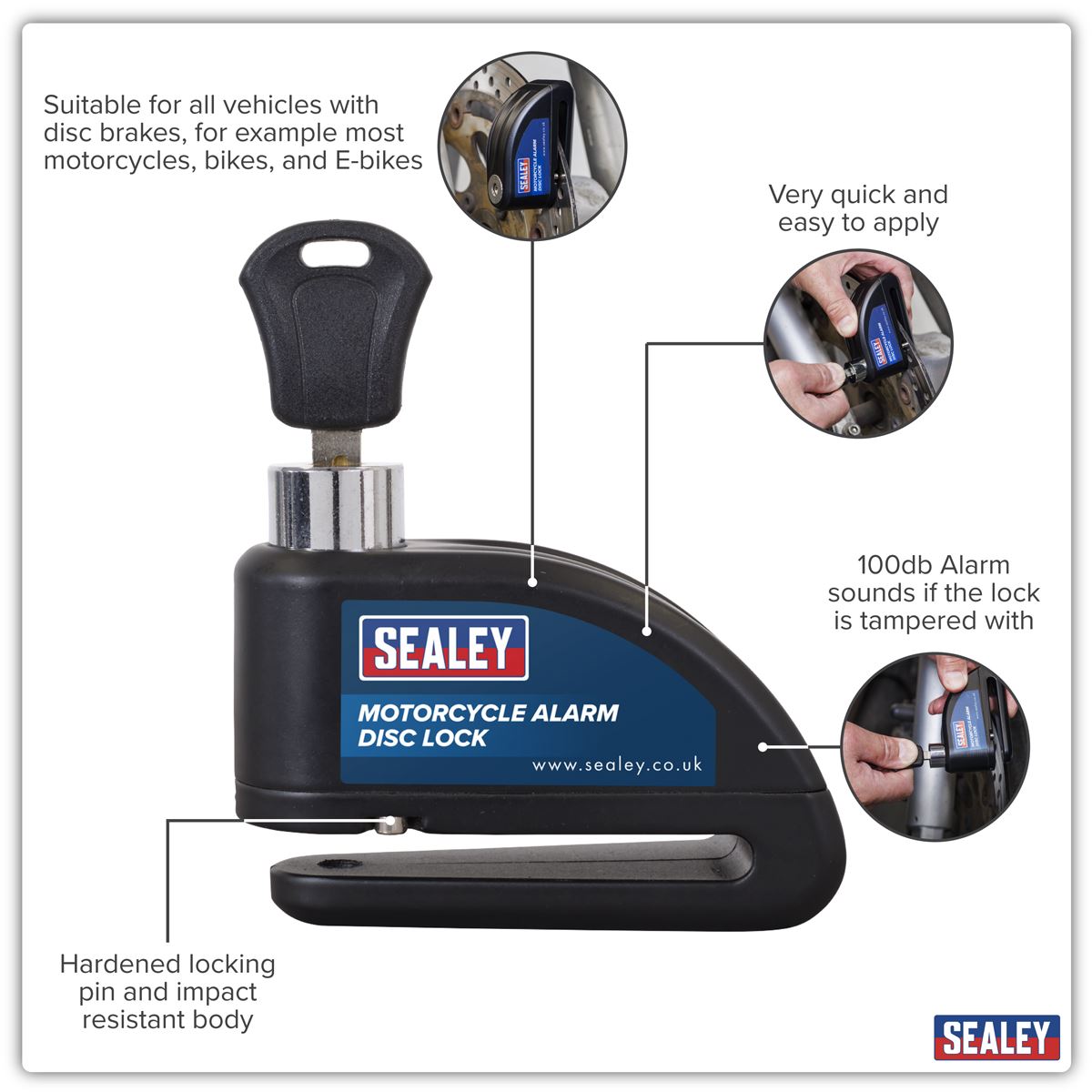 Sealey Motorcycle Alarm Disc Lock Pair 100db Hardened Locking Pin DL5052