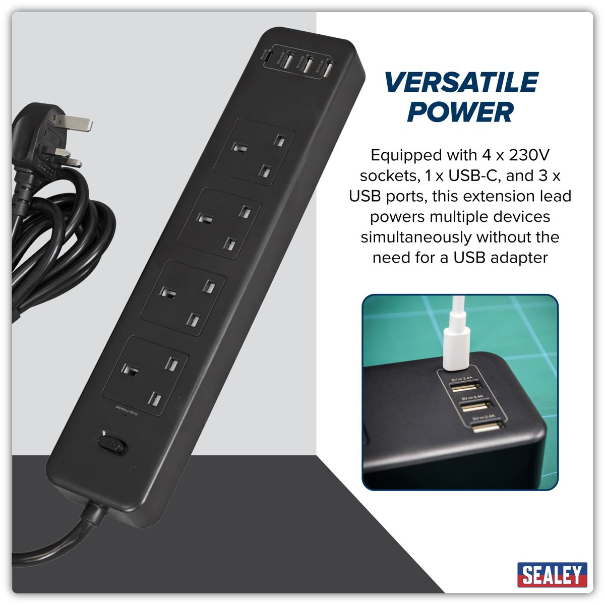 Sealey Extension Cable 2.6m 4 x 230V + 2 x USB Sockets - Black EL34USBB
