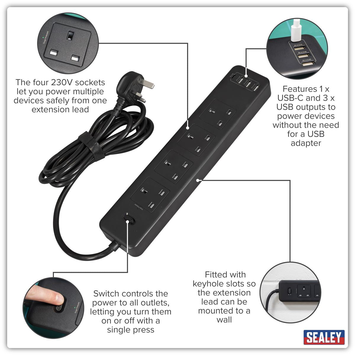 Sealey Extension Cable 2.6m 4 x 230V + 2 x USB Sockets - Black EL34USBB