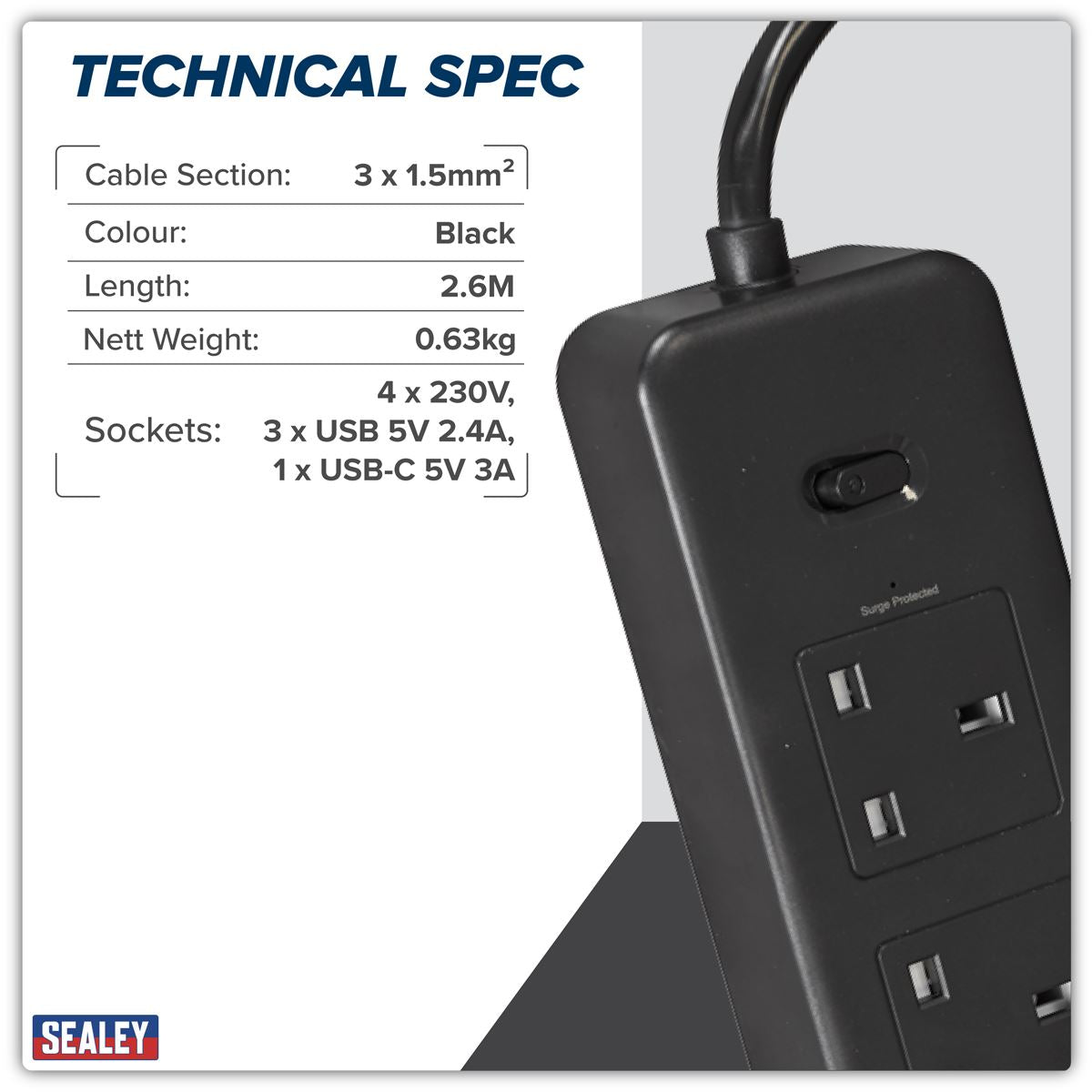 Sealey Extension Cable 2.6m 4 x 230V + 2 x USB Sockets - Black EL34USBB