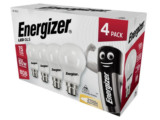 Energizer® LED BC (B22) Opal GLS Non-Dimmable Bulb, Warm White 806 lm 8.2W (Pack 4) ENGS14056