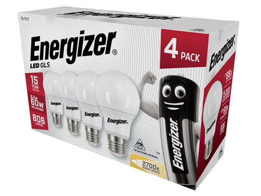 Energizer® LED ES (E27) Opal GLS Non-Dimmable Bulb, Warm White 806 lm 8.2W (Pack 4) ENGS14057