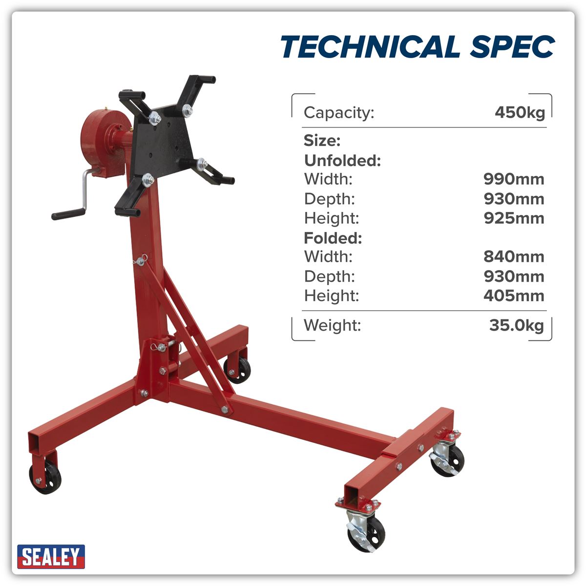 Sealey Folding 360� Rotating Engine Stand with Geared Handle Drive, 450kg Capacity ES480D