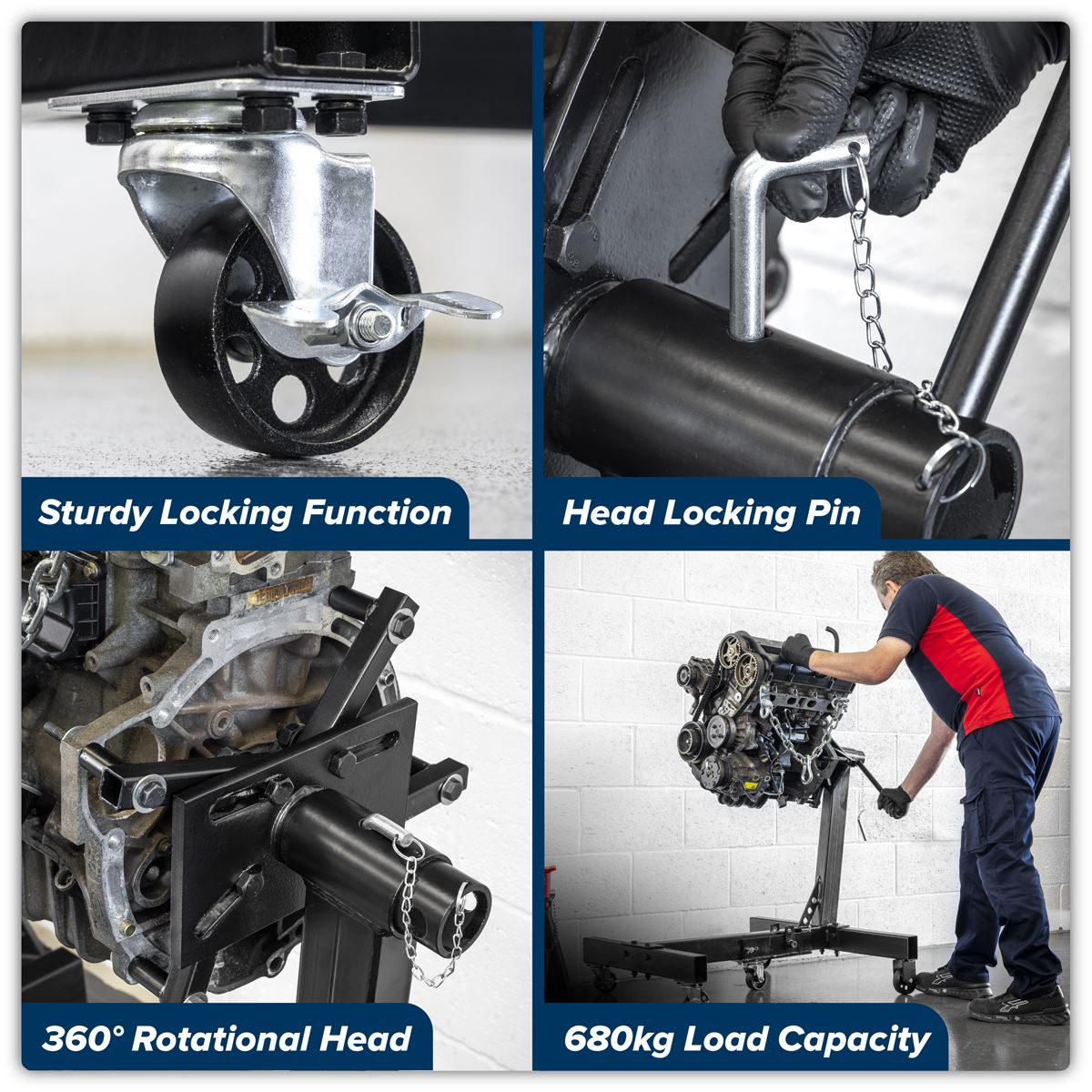 Sealey Folding Engine Stand 680kg Capacity Rotates 360° Swivel Castors ES680F