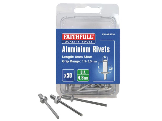 Faithfull Aluminium Rivets 4.8 x 8mm Short Pre-Pack of 50 FAIAR5S50