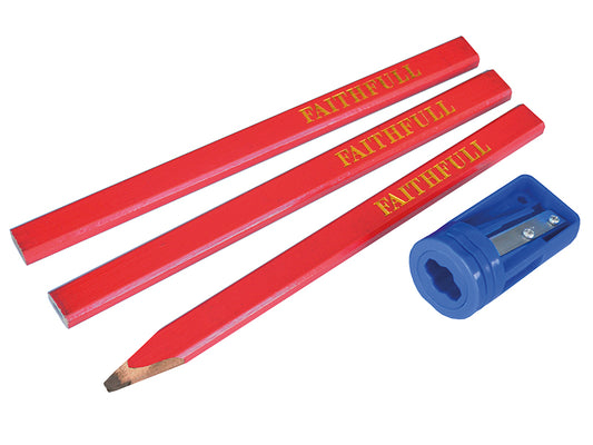 Faithfull Carpenters' Pencils Red (Pack 3 + Sharpener) FAICPSHARP