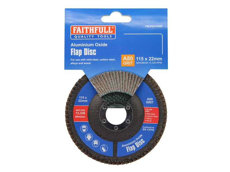 Faithfull Aluminium Oxide Flap Disc 115 x 22mm 80 Grit FAIFD115A80