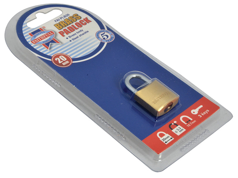 Faithfull Brass Padlock 20mm 3 Keys FAIPLB20