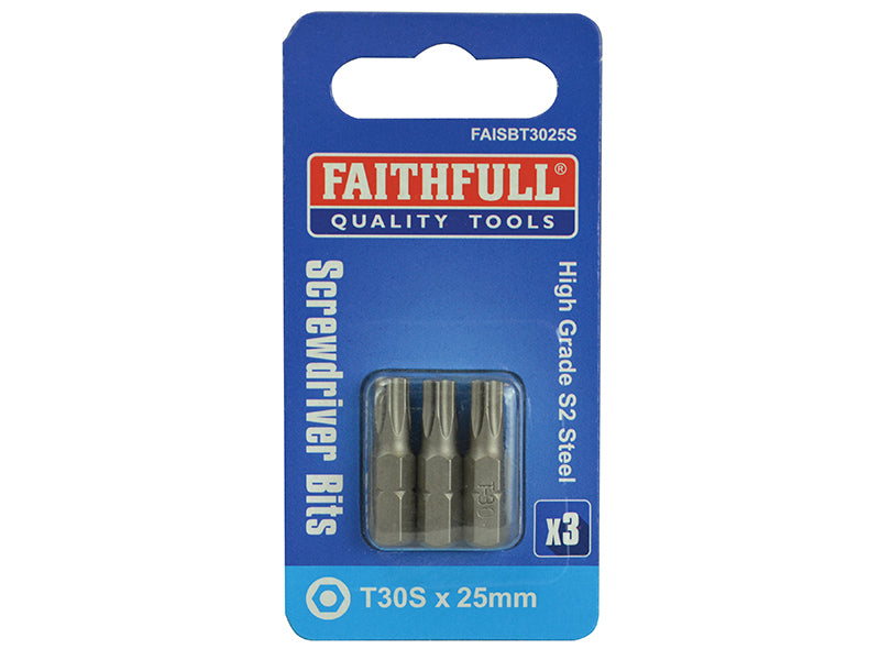 Faithfull Security S2 Grade Steel Screwdriver Bits T30S x 25mm (Pack 3) FAISBT3025S