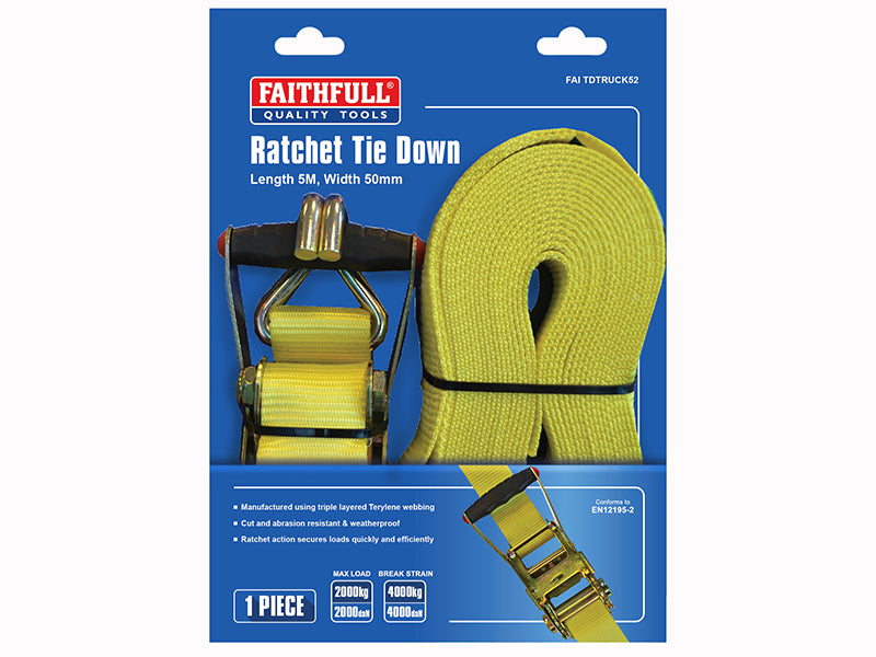 Faithfull Ratchet Tie-Down 5m x 50mm Trucker Breaking Strain 4000kg FAITDTRUCK52