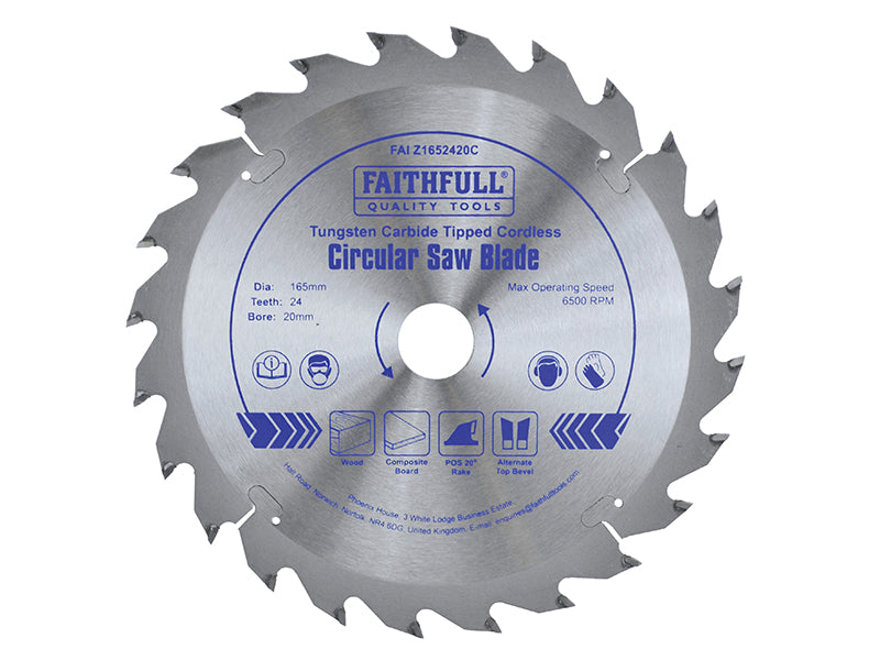Faithfull TCT Cordless Trimsaw Blade 165 x 20mm x 24T POS FAIZ1652420C