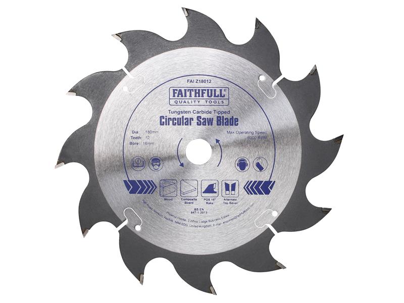 Faithfull TCT Circular Saw Blade 180 x 16mm x 12T POS FAIZ18012