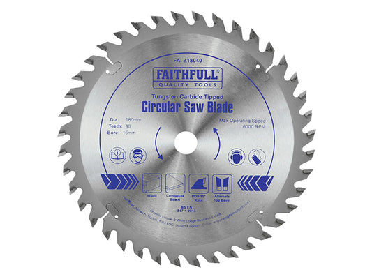 Faithfull TCT Circular Saw Blade 180 x 16mm x 40T POS FAIZ18040