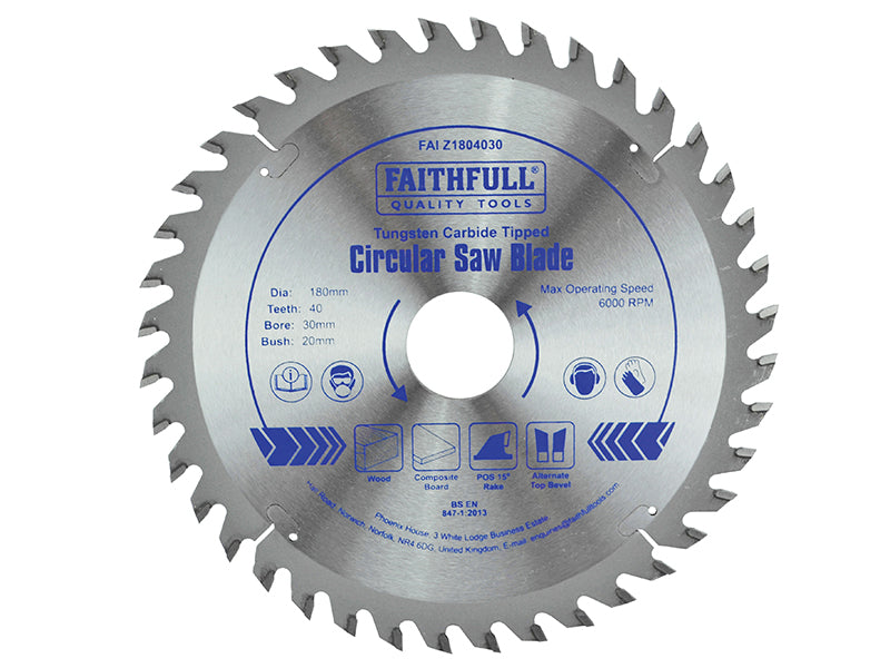 Faithfull TCT Circular Saw Blade 180 x 30mm x 40T POS FAIZ1804030
