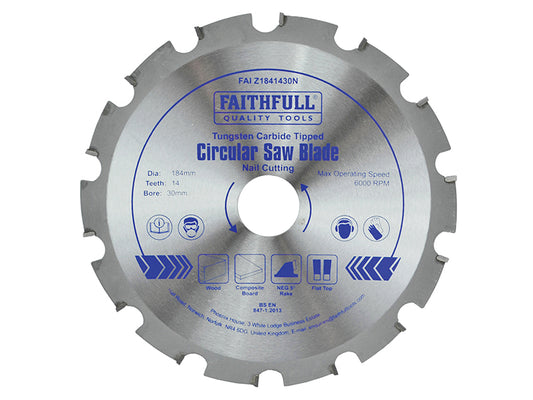 Faithfull TCT Circular Saw Blade Nail Cutting 184 x 30mm x 14T NEG FAIZ1841430N