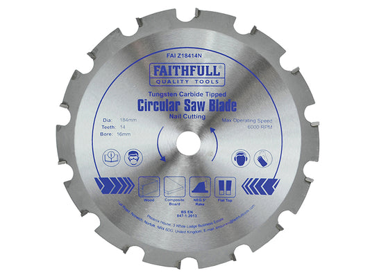 Faithfull TCT Circular Saw Blade Nail Cutting 184 x 16mm x 14T NEG FAIZ18414N