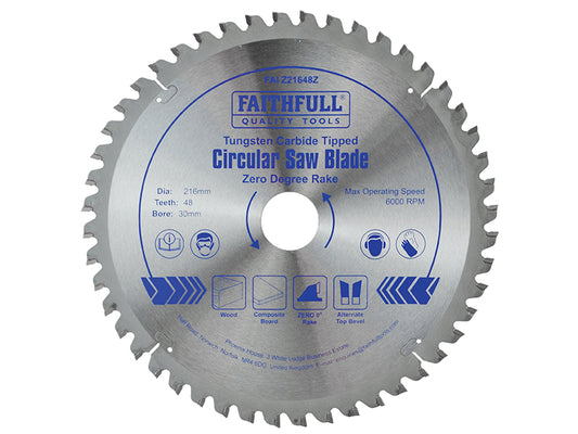 Faithfull TCT Circular Saw Blade Zero Degree 216 x 30mm x 48T FAIZ21648Z