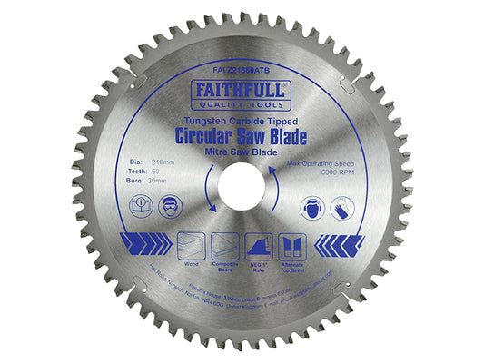 Faithfull TCT Cross Cut Mitre Saw Blade 216 x 30mm x 60T NEG FAIZ21660ATB