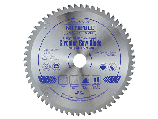 Faithfull TCT Circular Saw Blade Triple Chip Ground 250 x 30mm x 60T NEG FAIZ25060TCG