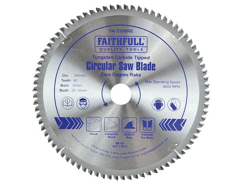 Faithfull TCT Circular Saw Blade Zero Degree 250 x 30mm x 80T FAIZ25080Z