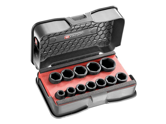 Facom 6 Point Metric Stubby Impact Socket Set 1/2in 12 Piece FCMNSSJ12PB