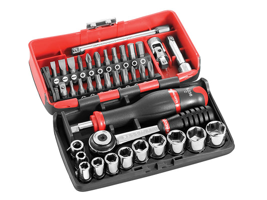 Facom 1/4in Metric Socket And Bit Set 38 Pc Standard Length Chrome FCMR2NANO