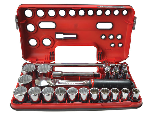 Facom 1/2in Drive 12 Pt Metric Socket Set 22 Piece Detection Box FCMSLDBOX412