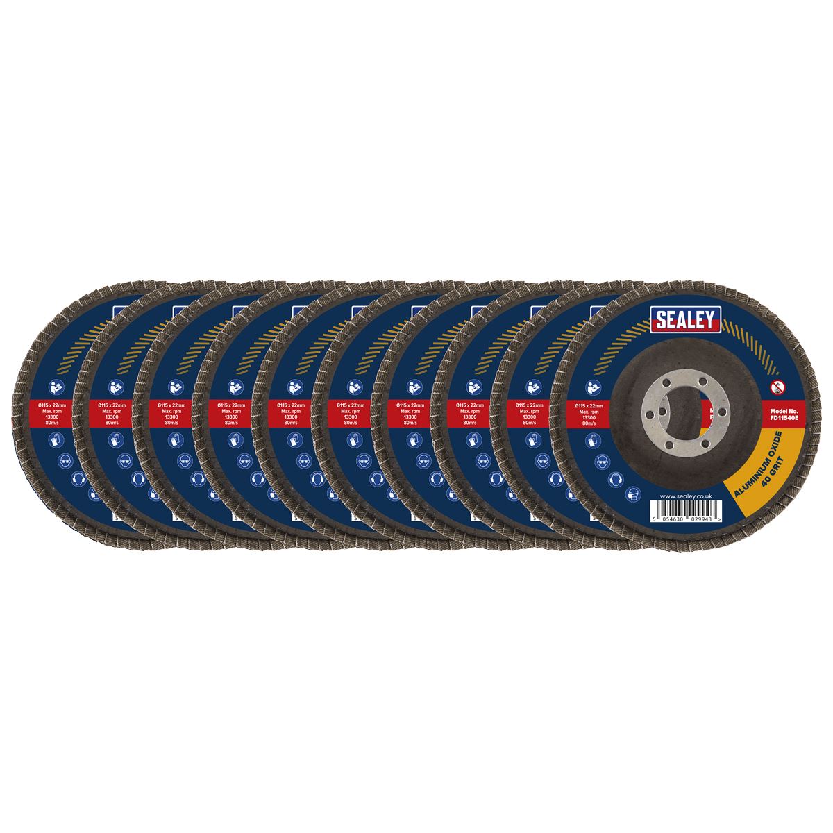 Sealey 40Grit Flap Discs Aluminium Oxide �115mm �22mm Bore - Pack of 10 FD11540E10