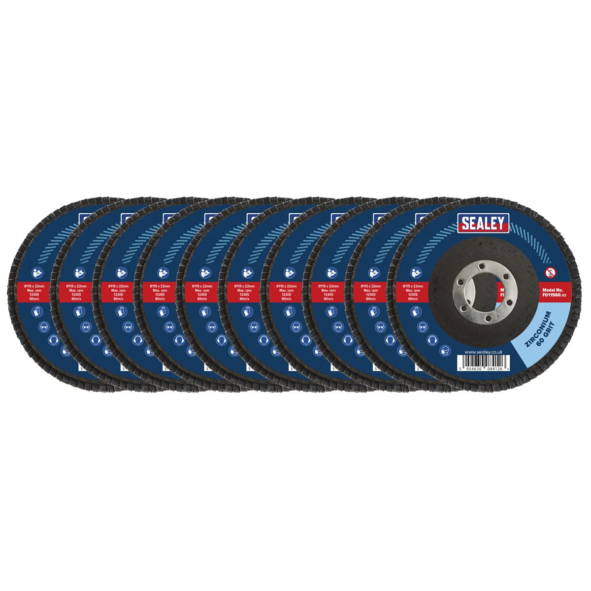 Sealey 60Grit Flap Discs Zirconium �115mm �22mm Bore - Pack of 10 FD1156010