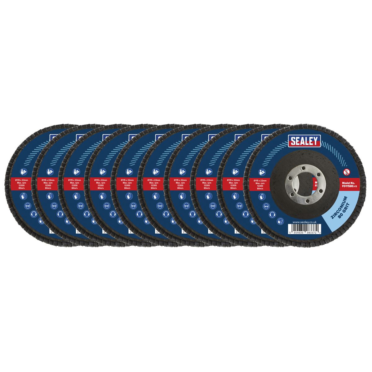 Sealey 80Grit Flap Discs Zirconium �115mm �22mm Bore - Pack of 10 FD1158010