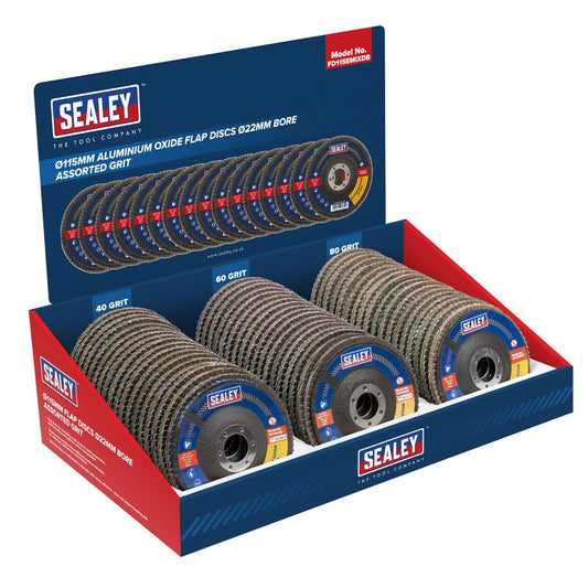 Sealey 60 Assorted Grit Flap Discs Aluminium Oxide 115mm 22mm Bore FD115EMIXDB
