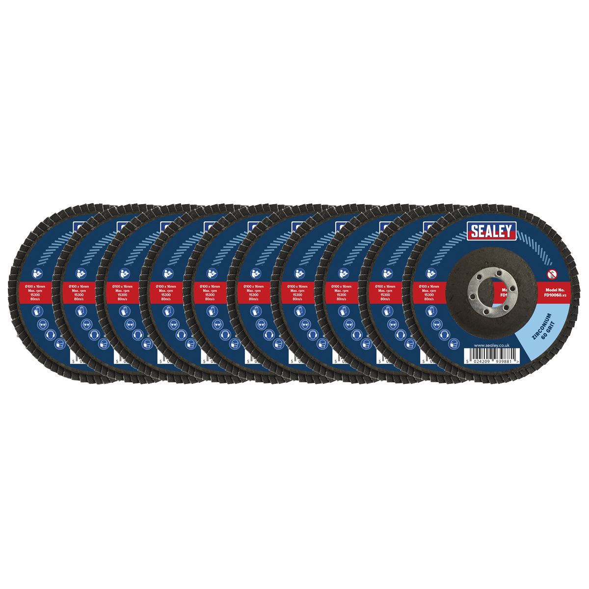 Sealey Assorted Grit Flap Discs Zirconium �115mm �22mm Bore - Pack of 10 FD115MIX