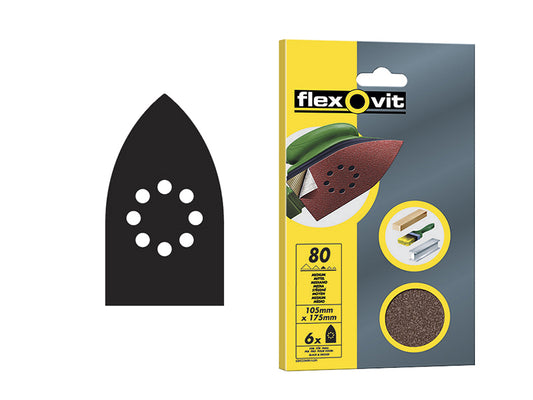 Flexovit Detail Hook & Loop Sanding Sheets 105x175mm Medium 80G (Pack 6) FLV26404
