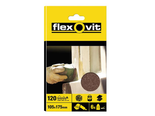 Flexovit Detail Hook & Loop Sanding Sheets 105x175mm Fine 120G (Pack 6) FLV26405