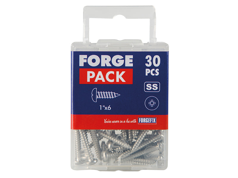 ForgeFix Self-Tapping Screw Pozi Compatible Pan A2 SS 1in x 6 ForgePack 30 FOR184997