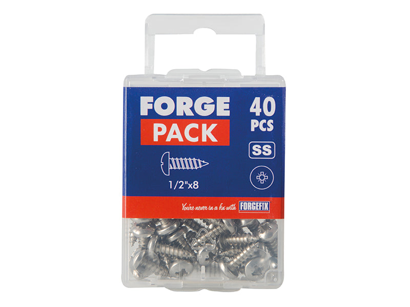 ForgeFix Self-Tapping Screw Pozi Compatible Pan A2 SS 1/2in x 8 ForgePack 40 FOR185024