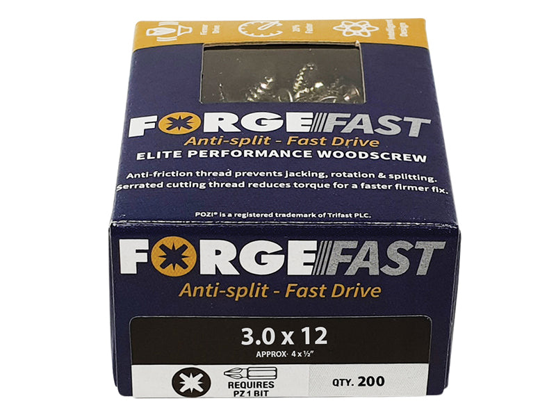 ForgeFix ForgeFast Pozi Compatible Elite Performance Wood Screw ZY 3.0 x 12mm Box 200 FORFFP312Y