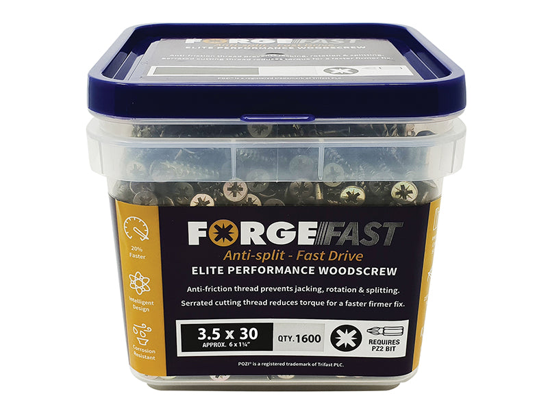 ForgeFix ForgeFast Pozi Compatible Elite Performance Wood Screw ZY 3.5 x 30mm Tub 1600 FORFFP3530YT