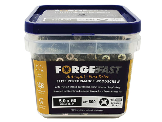 ForgeFix ForgeFast Pozi Compatible Elite Performance Wood Screw ZY 5.0 x 50mm Tub 600 FORFFP550YT