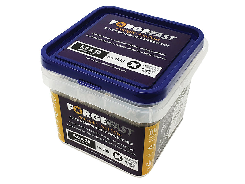 ForgeFix ForgeFast Pozi Compatible Elite Performance Wood Screw ZY 5.0 x 50mm Tub 600 FORFFP550YT