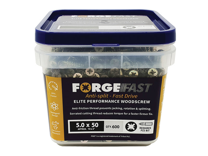 ForgeFix ForgeFast Pozi Compatible Elite Performance Wood Screw ZY 5.0 x 50mm Tub 600 FORFFP550YT