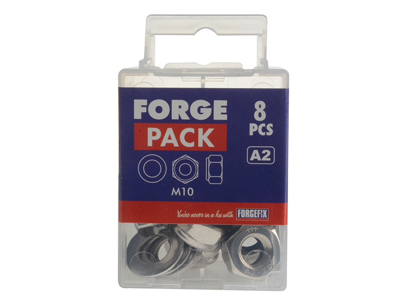 ForgeFix Hexagonal Nuts & Washers A2 Stainless Steel M10 ForgePack 8 FORFPNUT10SS