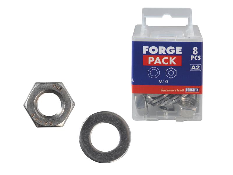 ForgeFix Hexagonal Nuts & Washers A2 Stainless Steel M10 ForgePack 8 FORFPNUT10SS