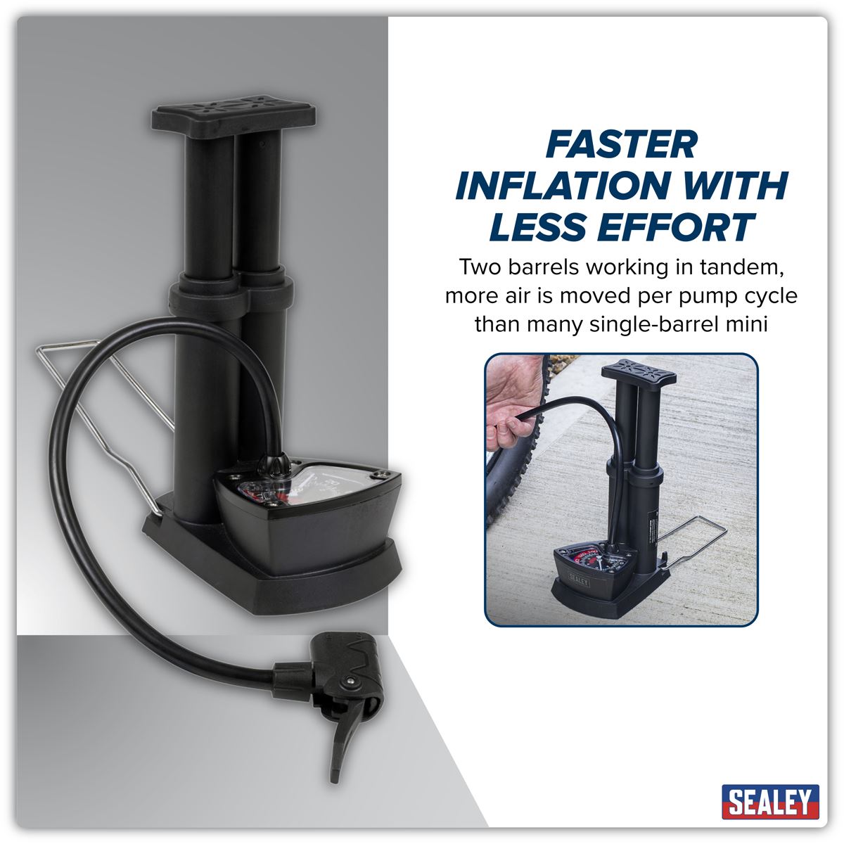Sealey Mini Twin Barrel Bicycle Foot Pump For Presta And Schrader Valves FP7
