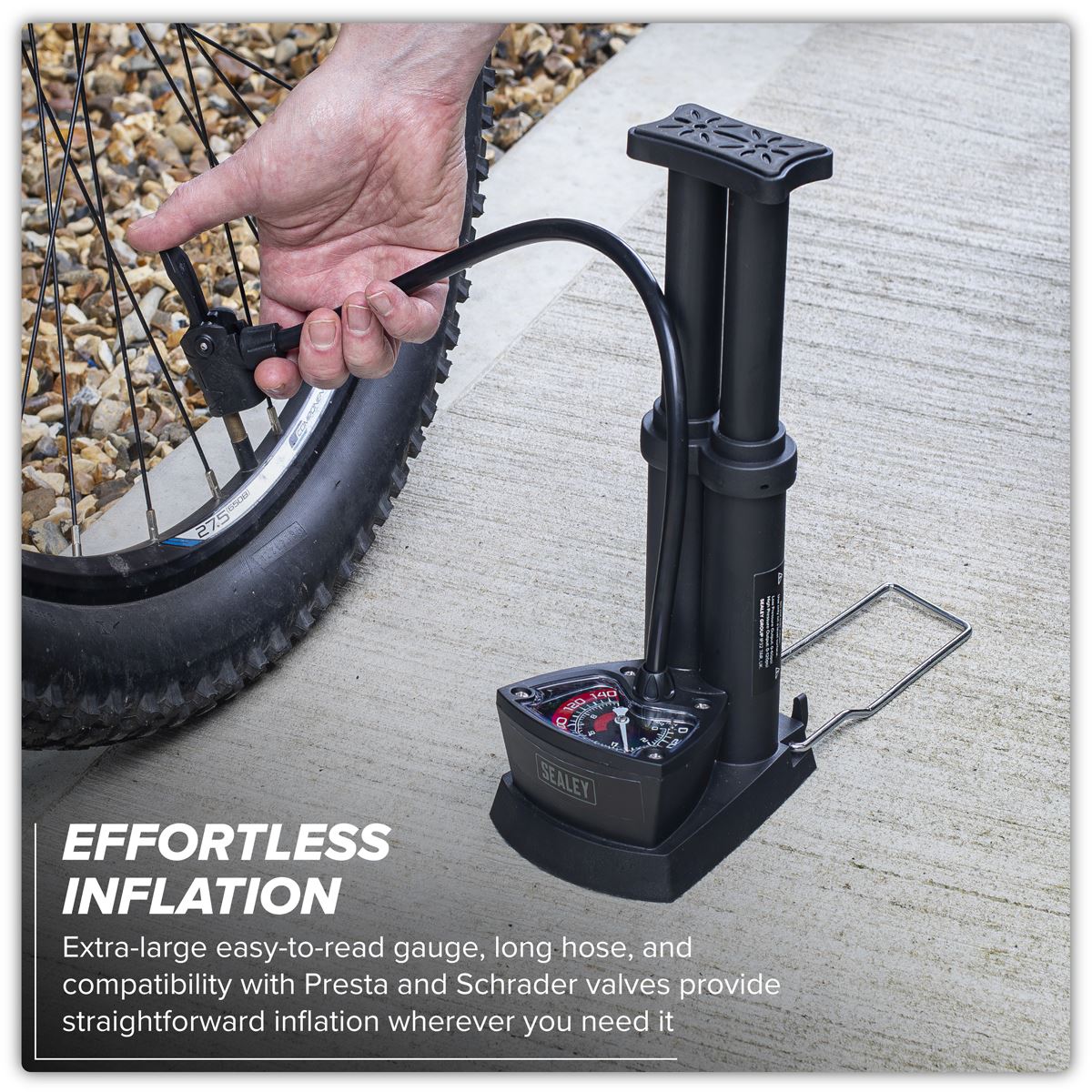 Sealey Mini Twin Barrel Bicycle Foot Pump For Presta And Schrader Valves FP7