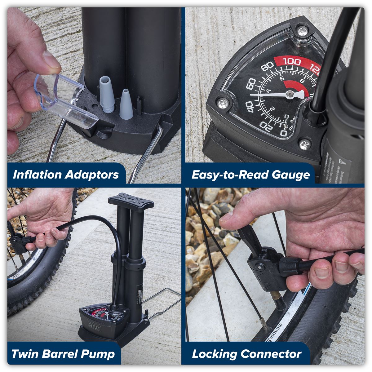 Sealey Mini Twin Barrel Bicycle Foot Pump For Presta And Schrader Valves FP7