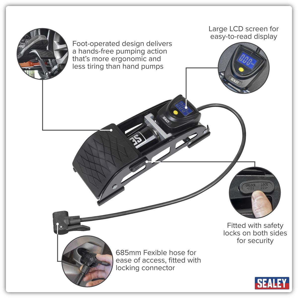 Sealey Single Barrel Digital Foot Pump 0-140psi 0-9bar 685MM Flexible Hose FP8D