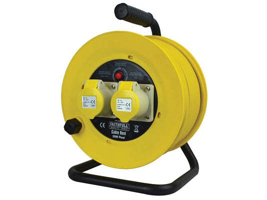 Faithfull Power Plus Open Drum Cable Reel 110V 16A 2-Socket 50m (1.5mm Cable) FPPCR50ML